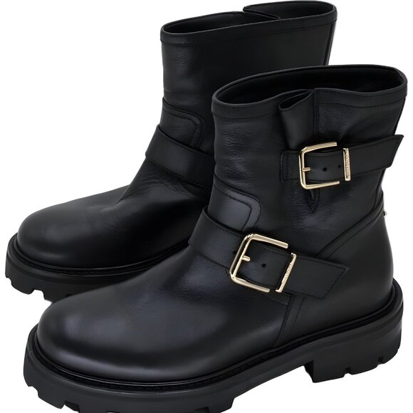 Jimmy Choo Youth II Ankle Boot Lug Sole Buckle Boots Black US 7 EU 37 - Picture 2 of 6